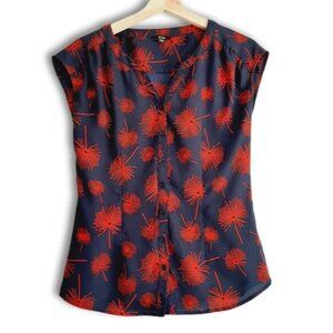 JACOB Dandelion Botanical Print Sleeveless Button Down Top Blue & Red Sz XS